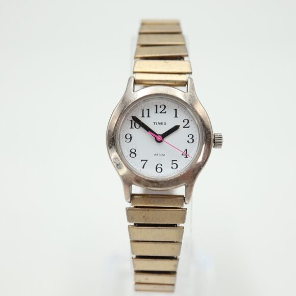 Timex Womens Watch Silver Tone 25mm White Dial Gold Stretch Band w New Battery - Picture 6 of 14